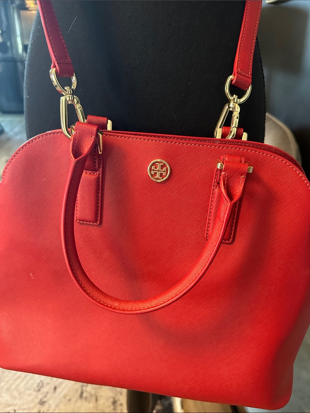 Tory Burch Robinson Open Dome Satchel Red Tote pocketbook purse bag